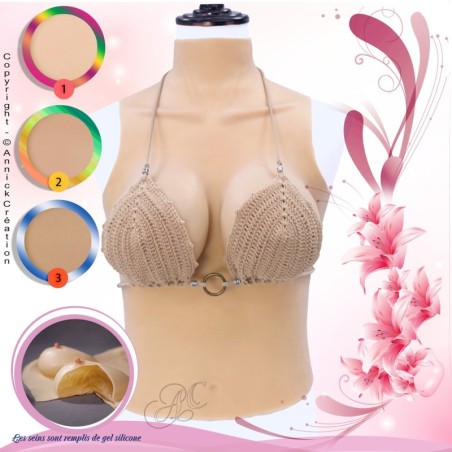 Buste long faux seins 100% silicone col haut, bonnet C-D