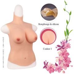 Buste long faux seins silicone, col haut, Bonnet D