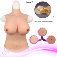 Buste long faux seins, 100% silicone, col haut, Bonnet C-D-E-G