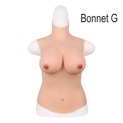 Buste long faux seins, 100% silicone, col haut, Bonnet C-D-E-G