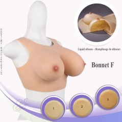 Buste faux seins, 100% silicone, encolure ronde, Bonnet F