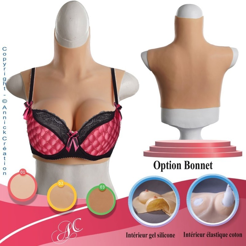 Buste faux seins silicone, col haut