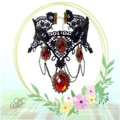 Ras de cou gothique dentelle et strass rouge