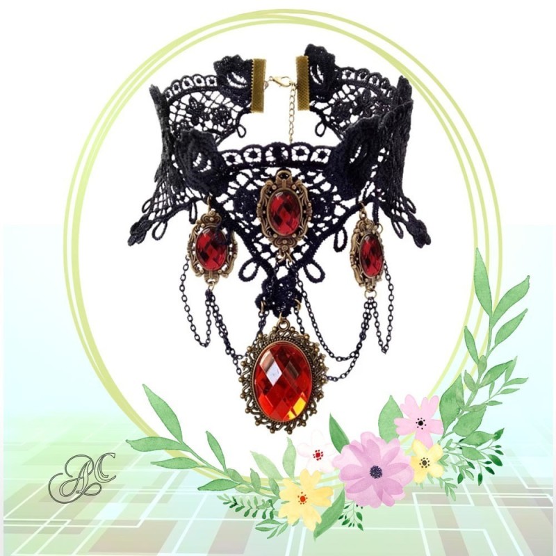 Ras de cou gothique dentelle et strass rouge