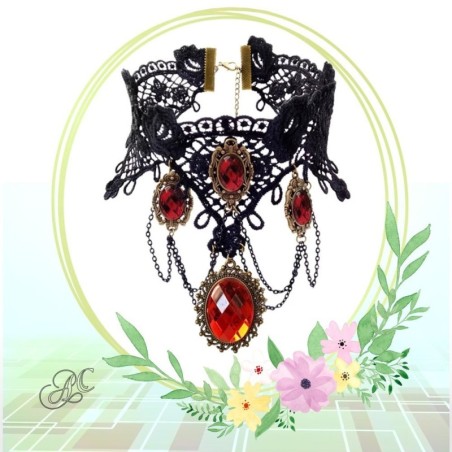 Ras de cou gothique dentelle et strass rouge