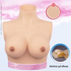 Buste faux seins silicone, col haut, bonnet D